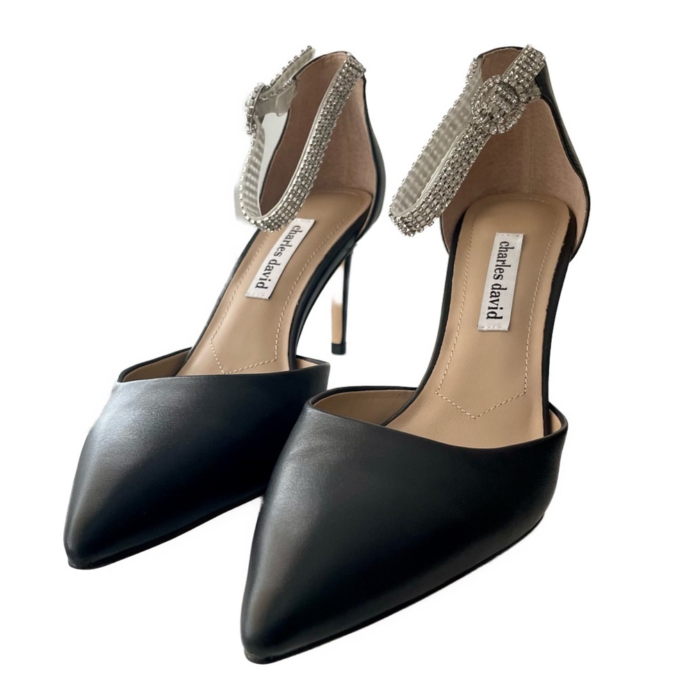 Charles David- Acker d'Orsay Pump black leather & diamond heels- 9